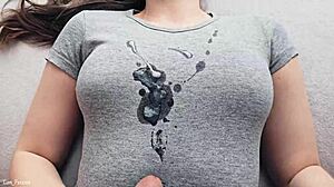 Hot cumshot on gray t-shirt