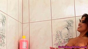 sapphic shower lesbian soaps up with beauty using dildo toys for fingering orgasm in bikini bathing... 😍💦