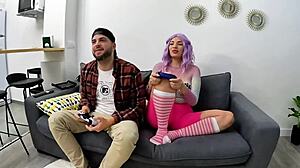 Pamela mendoza sucking huge cock from gamer boy with facial cumshot and handjob