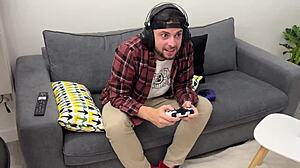 Pamela mendoza sucking huge cock from gamer boy with facial cumshot and handjob