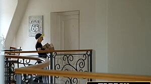 Petite blonde courier MILF bends over for doggystyle pussy pounding from young 18+ dude with big cock after delivery mishap