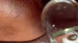 massive black pussy gets huge dildo insertion and clit stimulation in intense solo masturbation session