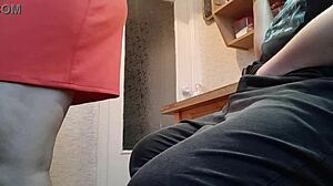 Amateur guy masturbates with clothes on in kitchen to avoid stepmom catching him reaching orgasm.