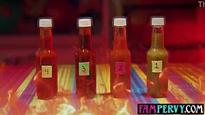 stepsisters start hot sauce challenge but end up in threesome with stepbro