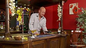 NO ONE LEFT IN BAR so LUSTY BRUNETTE SUCKS HORNY BARTENDER in STOCKINGS and HEELS. She RIDES his MONSTER COCK DOGGYSTYLE until CUM in MOUTH.