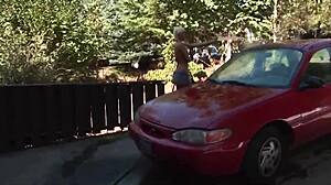 Blonde gives blowjob at car wash 😏🚗