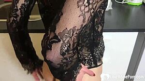 Blonde hottie spreads legs wide.