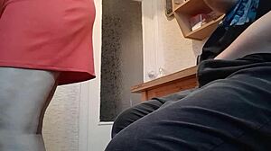 Amateur guy masturbates with clothes on in kitchen to avoid stepmom catching him reaching orgasm.