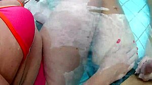 me and my FRIEND SEDUCE a BIG COCK boy in the pool for ffm 3some with mature young fat curvy homemade fun