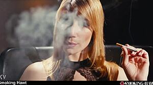 Pov horny blonde smoker with red lips Sharon White spitting on thick cock while smoking cigarette