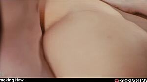 Pov horny blonde smoker with red lips Sharon White spitting on thick cock while smoking cigarette