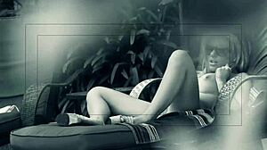 Äiti ulkona auringossa hieroo ajeltua pillua verkkosukissa ennen anussormennusta ja jättikyrpää