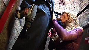 blonde brit with big tits gets facial after deepthroat blowjob and doggystyle fucking in a lift