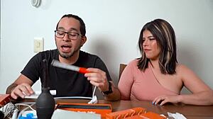 brunette latina selena vega reviewed sarina from tantaly in her bedroom. she rode the trans sex doll with huge monster cock for first time close-up solo masturbation on shaved pussy.