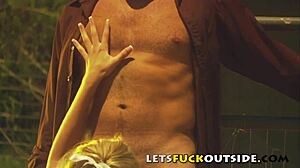 Blonde Cosplay Couple Fucks Outdoors In Public Country Setting With Big Monster Cock Action