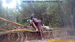 African couple bangs with deepthroat sucking and ebony face fucking outdoors in the forest