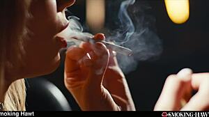 Pov horny blonde smoker with red lips Sharon White spitting on thick cock while smoking cigarette