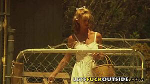 Blonde Cosplay Couple Fucks Outdoors In Public Country Setting With Big Monster Cock Action