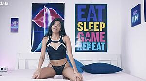 Desi devi, former TV-host, takes big black cock in BDSM session with exotic Asian facial cumshot.