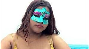 brunette student gropes her big tits in uniform before exams, touching boobs in sexy milf way