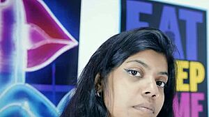 Desi devi, former TV-host, takes big black cock in BDSM session with exotic Asian facial cumshot.