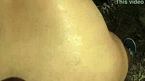 Amateur MILF pissing while fucking and getting creampied outdoors in public