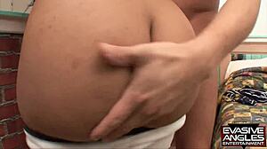 Evasive Angles fat ass brunette takes big black cock in anal. He pulls out to jizz on her bubble butt crack.