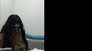 brunette student gropes her big tits in uniform before exams, touching boobs in sexy milf way