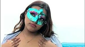 brunette student gropes her big tits in uniform before exams, touching boobs in sexy milf way