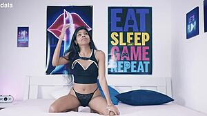 Desi devi, former TV-host, takes big black cock in BDSM session with exotic Asian facial cumshot.