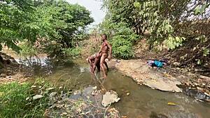 Curvy ebony flashes her fat body outdoors. Brown-skinned bbw gets ready for public stream adventure.