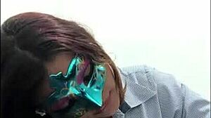 brunette student gropes her big tits in uniform before exams, touching boobs in sexy milf way