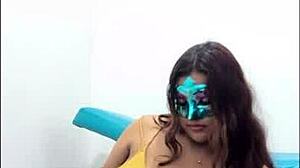 brunette student gropes her big tits in uniform before exams, touching boobs in sexy milf way