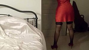 amateur white slut in red satin rose black corset red satin panties white satin thong stockings velvet high heels blowjob rimming anal doggystyle fucking sextoys