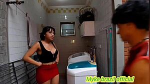 hot brazilian maid elia gives anal to boss in laundry then tight pussy in bedroom on sheer and red