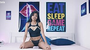 Desi devi, former TV-host, takes big black cock in BDSM session with exotic Asian facial cumshot.