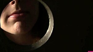 shy emma ash tentatively puts a big cock from the glory hole in her mouth for handjob and cum swallow in heels