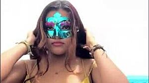 brunette student gropes her big tits in uniform before exams, touching boobs in sexy milf way