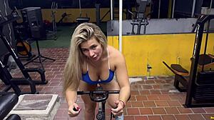 Blonde Colombian milf Karen Sleent guides you through a workout session at the gym with Hindi instructions.