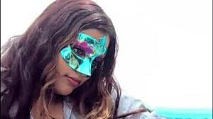 brunette student gropes her big tits in uniform before exams, touching boobs in sexy milf way