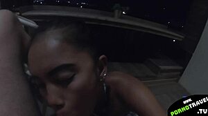 She sucks my dick on the balcony. Thai girlfriend gives outdoor blowjob and swallows cum.
