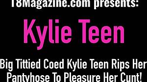 Big tittied coed Kylie teen rips her pantyhose to finger and toy her natural tits cunt.