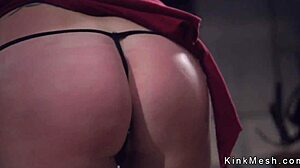 Gagged bound slave gets anal fucked from behind in rough BDSM session with spanking whipping and squirting submission