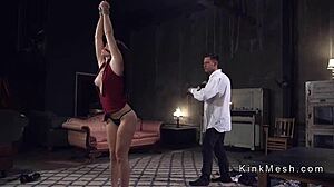 Gagged bound slave gets anal fucked from behind in rough BDSM session with spanking whipping and squirting submission