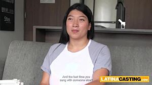 Plumper asian latina gets titty-fucked after deep throat blowjob in casting interview.