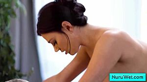 Lovely Masseuse Rubs Natural Big Boobs On Black Clients Back In Threesome