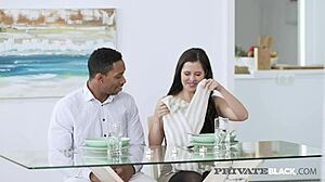 BBC lover Cassie Fire takes dark meat in stockings lingerie for anal doggystyle cumshot in private kitchen milk play