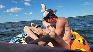 hot athletic couple enjoys anal sex on jetski in lake