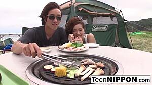 Japanese girlfriend boldly blows her guy outdoors with hardcore facial cumshot