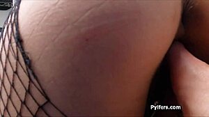 Asian hottie gets caught and banged hard in fishnets at work